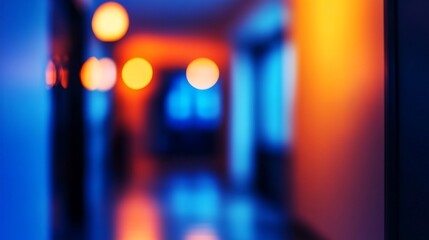 Fototapeta premium A vibrant corridor illuminated by blurred orange and blue lights creates a dreamy atmosphere, perfect for evoking a sense of mystery and intrigue in any setting or project.