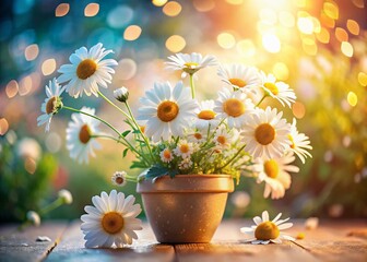 Blooming Daisies in Colorful Flower Pots - Double Exposure Stock Photo