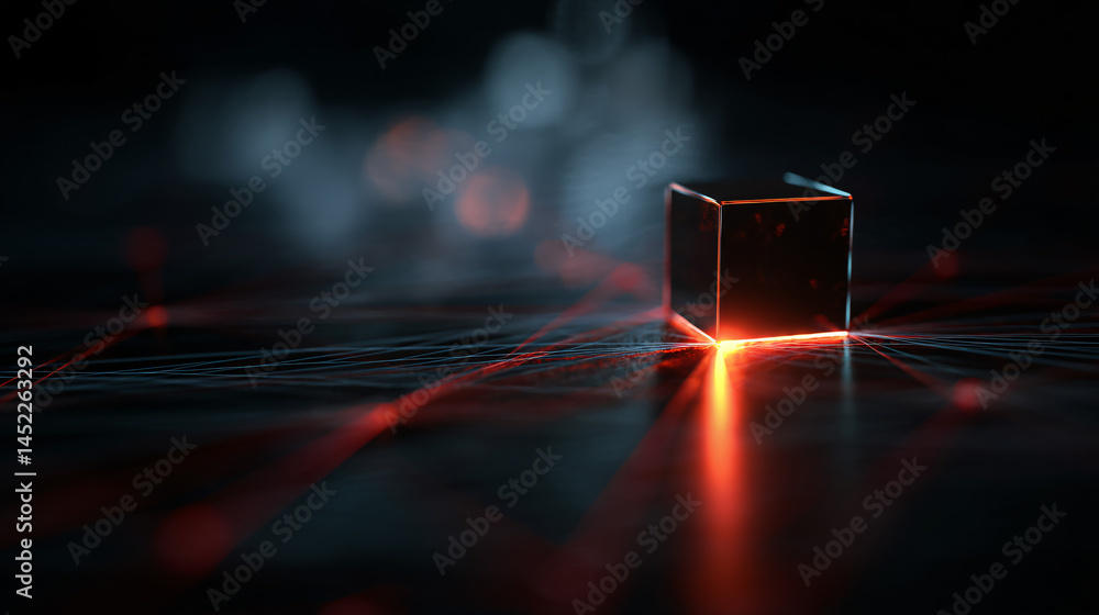Aufkleber a glowing cube representing arrangement access in a futurist digital network.