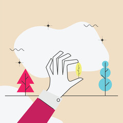  Hand delicately holding a leaf. A minimal illustration that captures the core of environmental stewardship and preservation. 