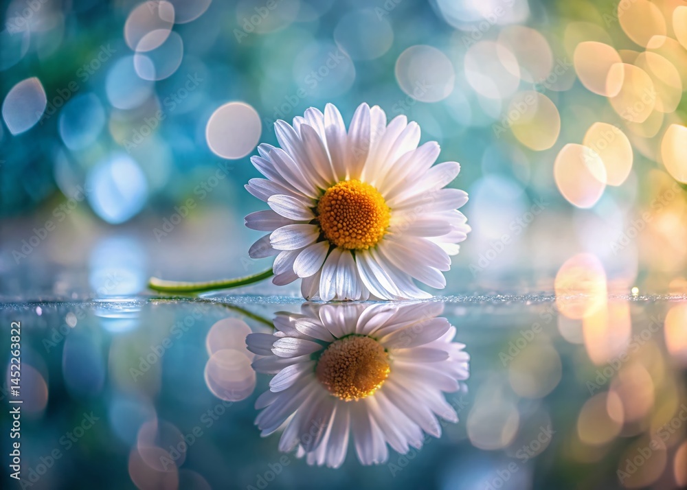 Poster bokeh daisy shadow reflection: mirror image flower with soft focus background