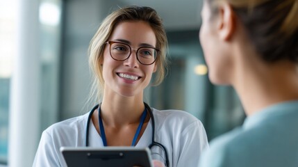 A cheerful woman doctor engages in a friendly consultation with her patient in a contemporary healthcare environment. They are discussing medical concerns while maintaining a positive atmosphere