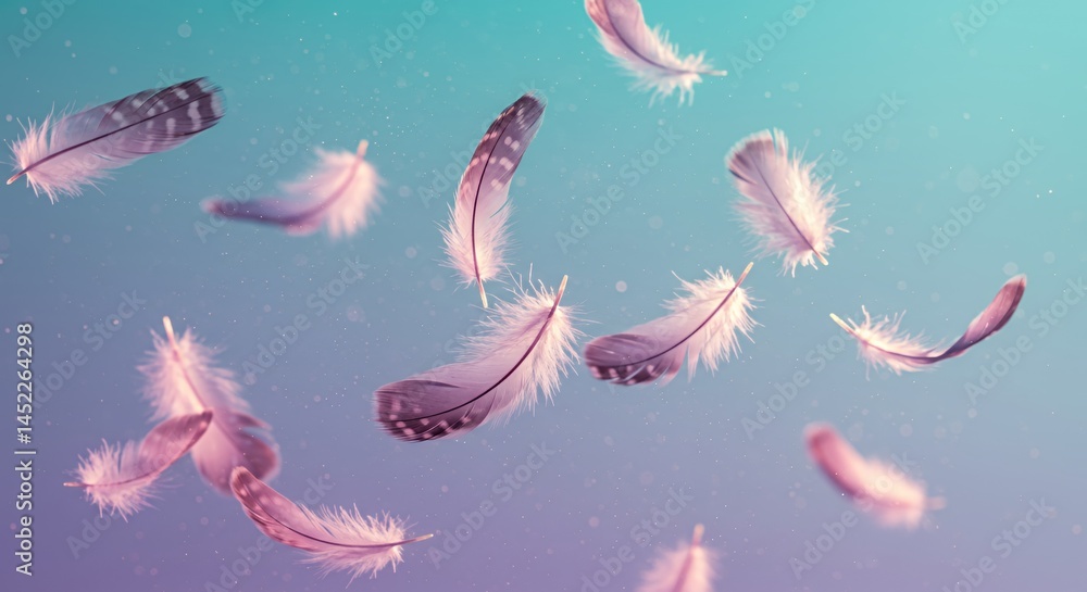 Poster ethereal dance of iridescent feathers in gentle motion with soft light and detailed patterns floatin