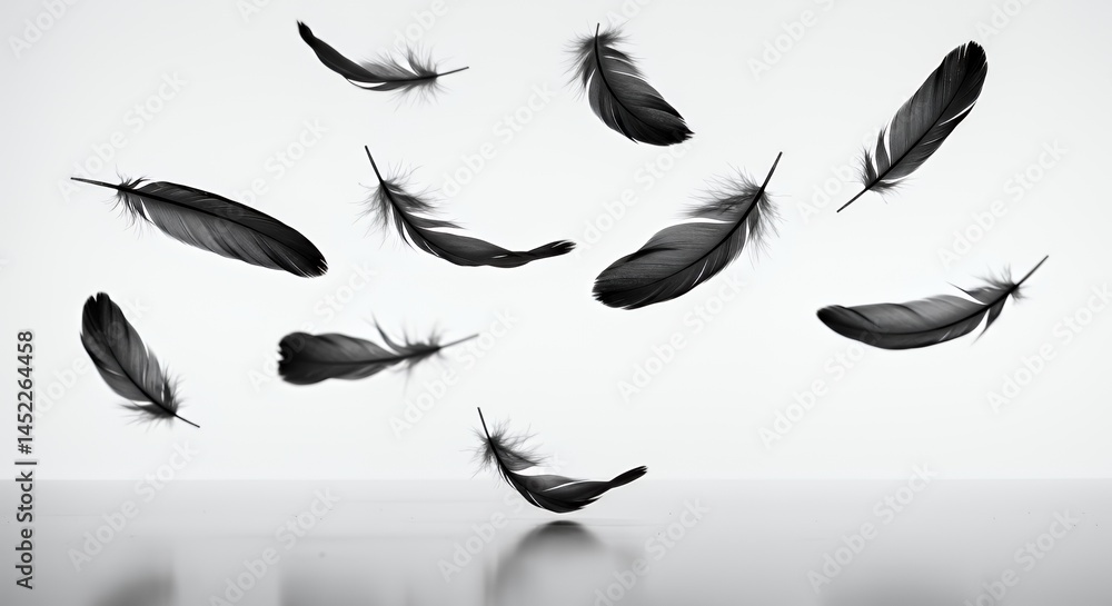 Poster floating black and white feathers against white background with subtle shadows and reflections for d
