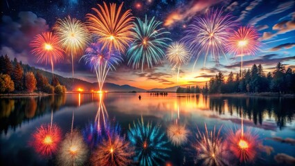 Fototapeta premium Breathtaking Fireworks Reflection on Serene Lake at Night