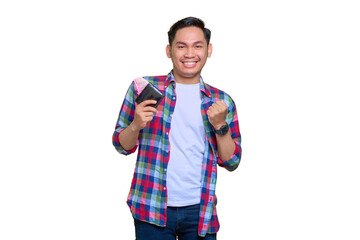 Fototapeta premium Excited young Asian man in plaid shirt holding mobile phone and wallet with cash money, celebrating big luck isolated on transparent background