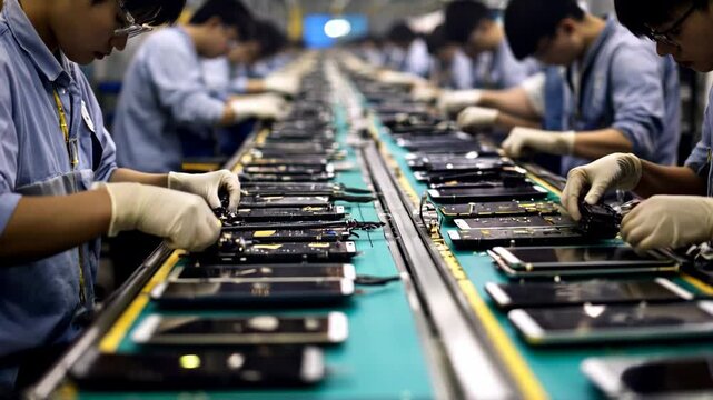 Workers assembling smartphones on a high-tech production line in a factory