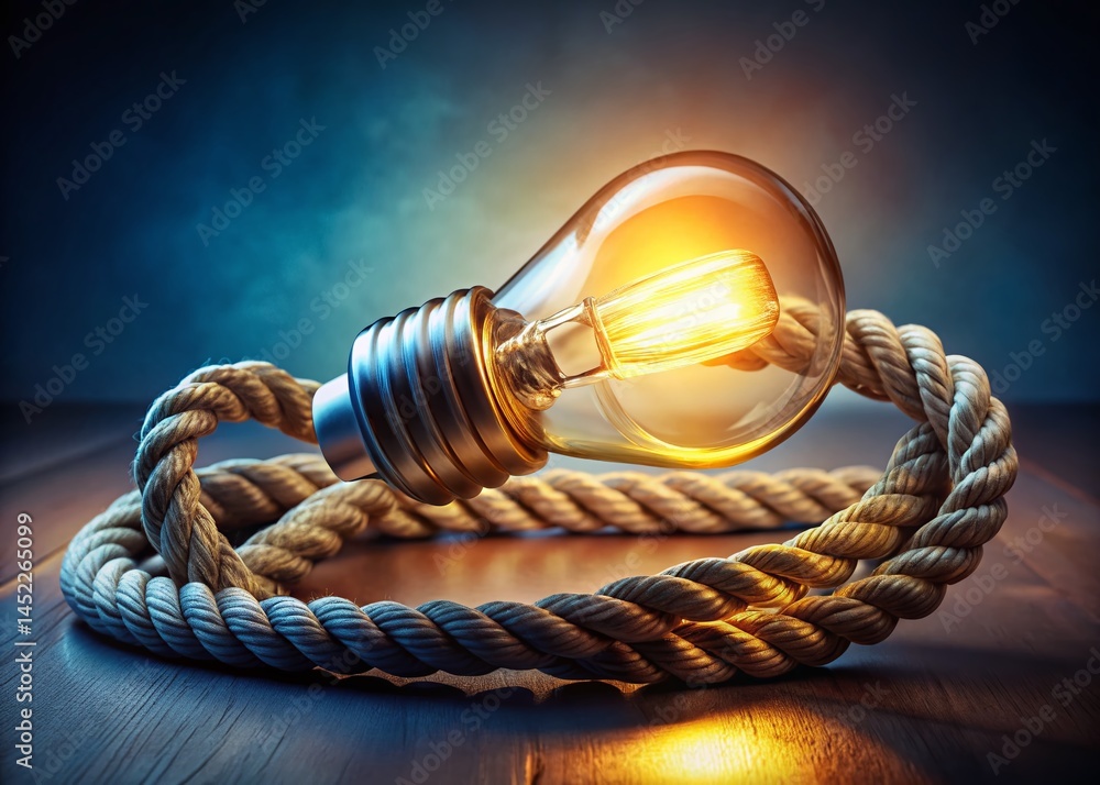 Poster bright idea: illuminated light bulb with a loop, copy space for text