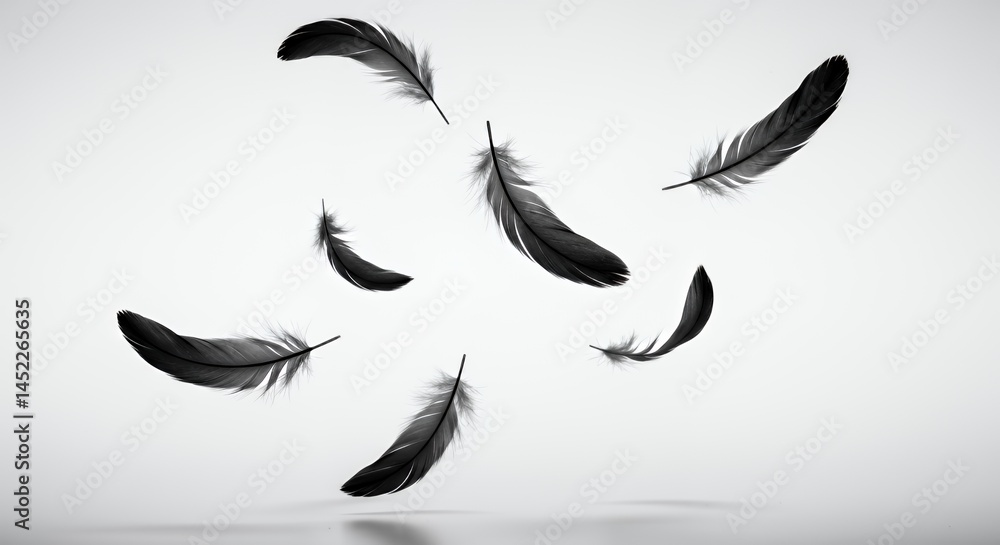 Poster raven feathers floating in mid air casting delicate shadows on white canvas creating mesmerizing dan