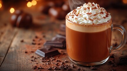 Hot chocolate with whipped cream and chocolate chunks on a wooden surface.