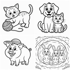 Obraz premium Cute Cartoon Animals Line Art Collection Transparent Background.