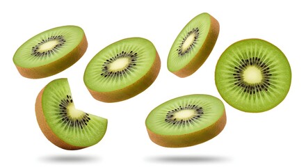 Fototapeta premium Kiwi slices flying in mid-air, isolated on white