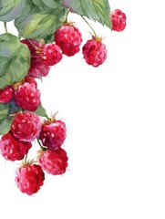 Watercolor of  Raspberries, white background, copy space