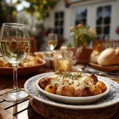 A table set for a cozy outdoor meal featuring a delicious roasted dish, wine glasses, and soft sunlight, perfect for lifestyle and food imagery.