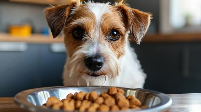 Watch this adorable dog eagerly waiting for its meal. This charming moment highlights the love and care we show to our pets every day. Perfect for dog enthusiasts. AI