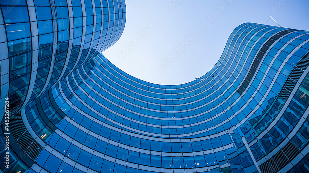 Poster low angle view of futuristic architecture, skyscraper of office building with curve glass window, 3d