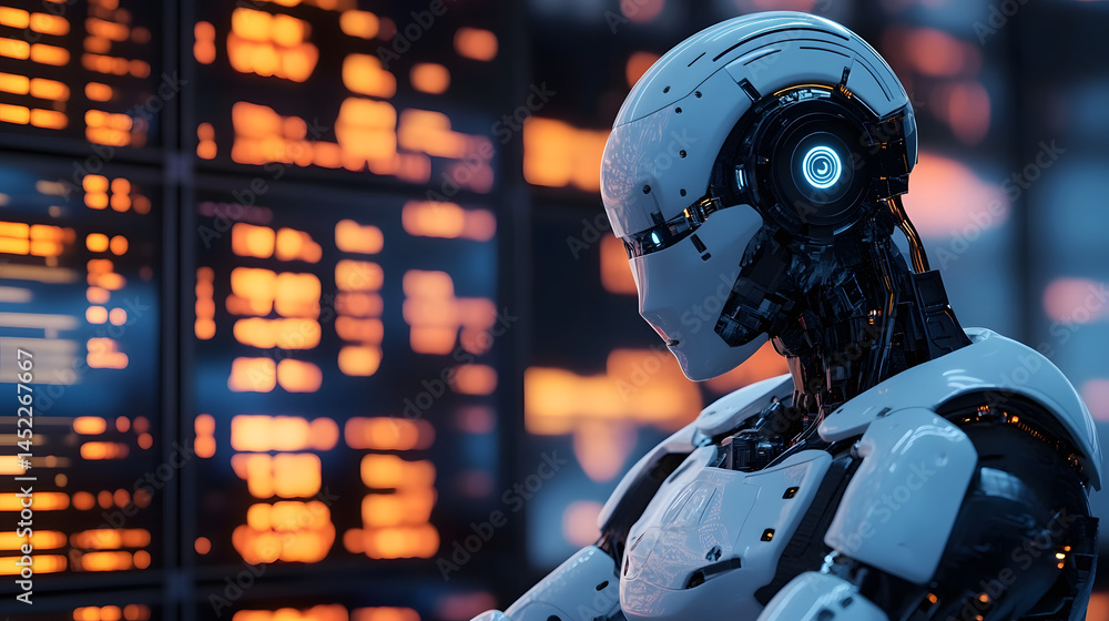 Poster digital environment with robotic ai overseeing liability reduction, debt tracking, and futuristic al