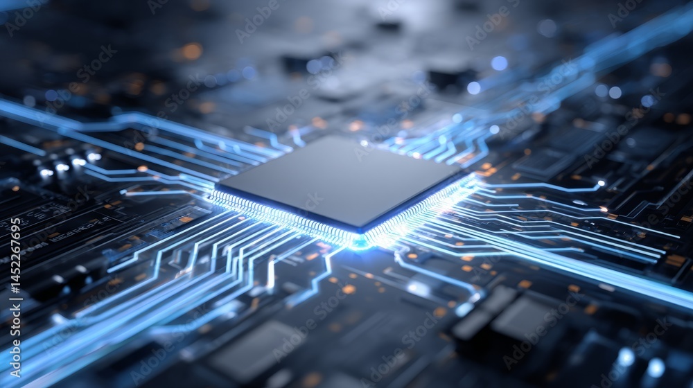 Poster futuristic glowing circuit board with central processor unit detail