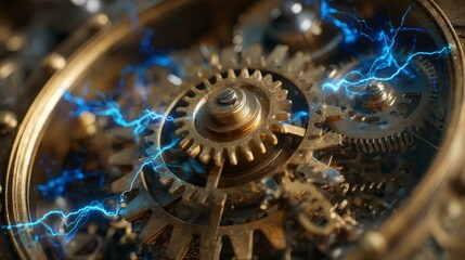 Intricate clockwork mechanism with golden gears energized by blue lightning
