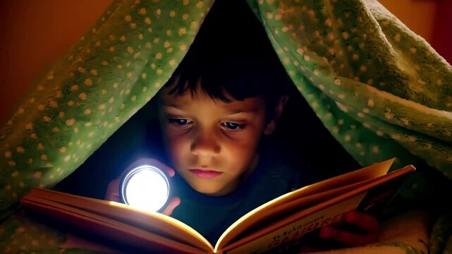Boy reading book with flashlight under blanket in dark room. Concept of childhood imagination and curiosity