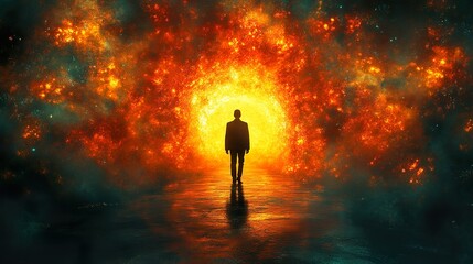 Fototapeta premium A silhouette of a man standing in the center, with fiery light emanating from behind and surrounding him
