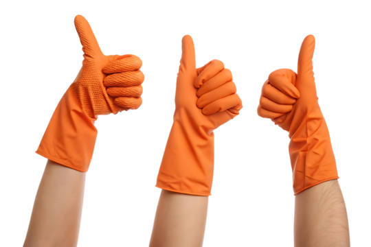 Thumbs up with orange rubber gloves, hygiene concept on transparent background
