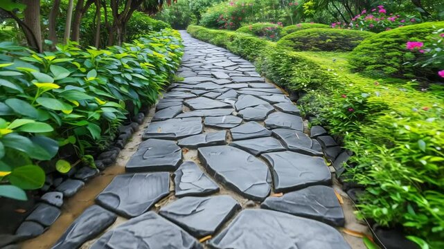 Close-up of irregular slate stone pathway bordered by green foliage and pink flowering plants in garden setting.