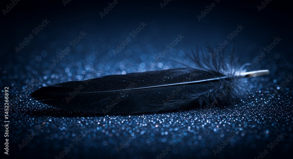 Poster close up macro shot of a raven's black feather illuminated with soft ethereal lighting resting gentl