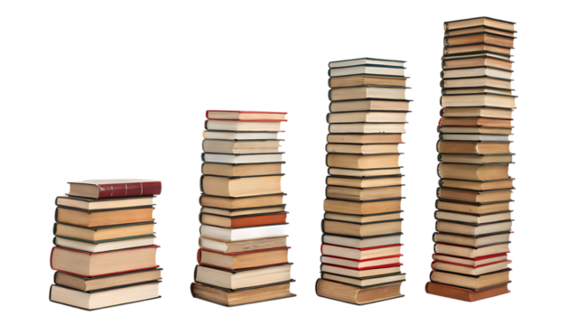 Stacks of books arranged in ascending order on transparent background