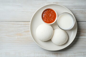 South Indian idli on it, next to the idli is one small bowl filled with red chutney