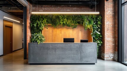 Modern office reception, green wall, brick, concrete desk
