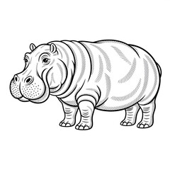 ‎A black and white hippopotamus illustration line art of a coloring page
