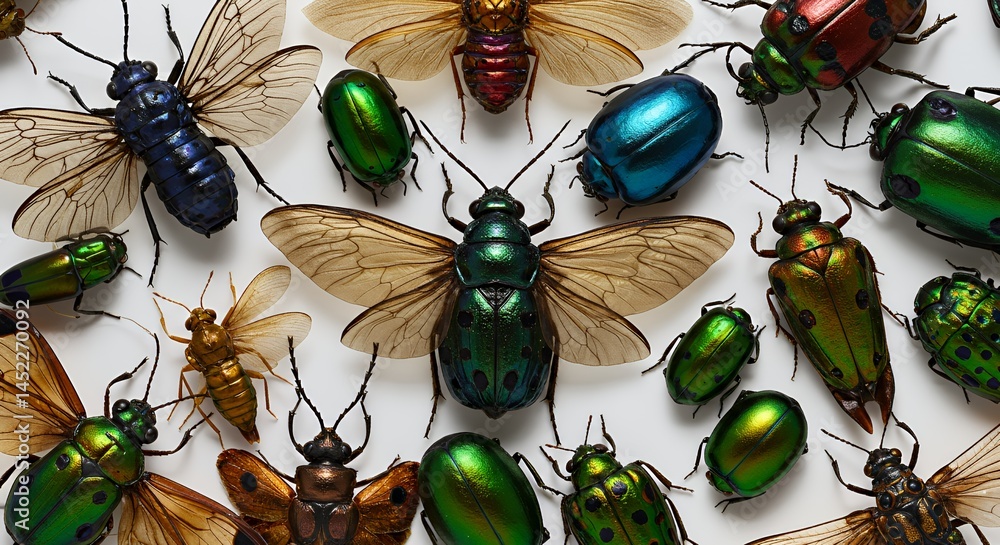 Poster detailed macro photograph of colorful iridescent insects with intricate patterns on wings displayed 