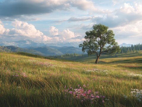Serene landscape with a lone tree and wildflowers in a grassy meadow