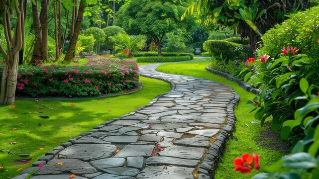 Curved stone pathway through lush tropical garden with vibrant flowers, manicured lawns, and ornamental plants.