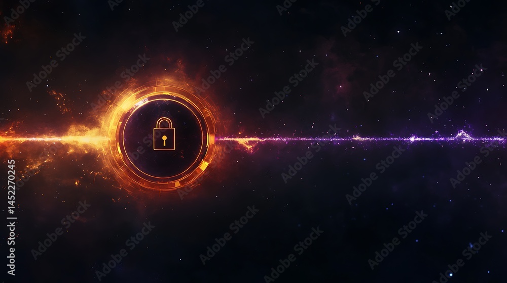 Poster a futuristic dark banner featuring a holographic lock icon and binary stream for digital protection