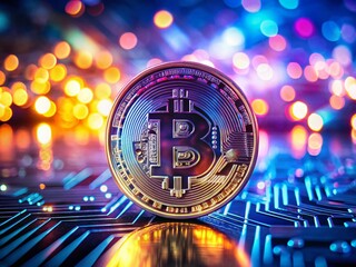 Close-up Bitcoin Cryptocurrency Coin with Bokeh Tech Background - Stock Photo