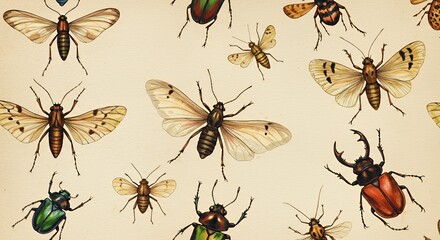 Detailed Vintage Insect Pattern Featuring Moths and Beetles in Neutral Background Perfect for Decoration or Nature Related Designs