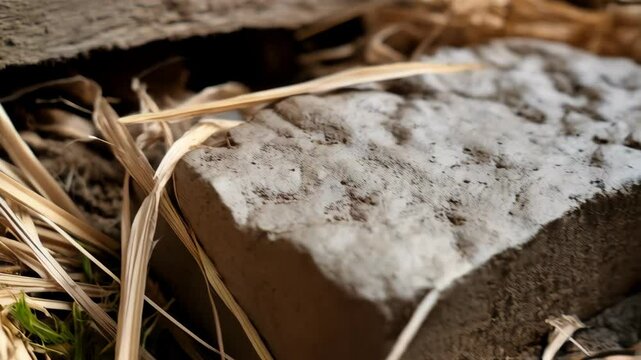 Close-up of a weathered wooden block sitting upon tan, dried grass and a dirty light stone, illustrating natural decay and texture.