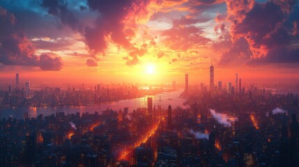 Cityscape sunrise over river, vibrant sky, urban glow