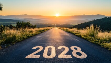 The number 2028 is written on the asphalt road leading to the horizon, with beautiful mountains and sunsets in the background. The concept of setting new goals for the coming year