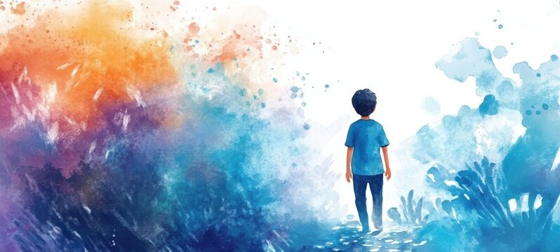 Lonely scene. Lonely kid standing alone through the forest. Scene is quiet and loneliness. Watercolor tranquility. illustration. 