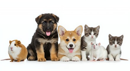 Fototapeta premium Diverse Pets Grouped Playfully on White Backdrop featuring Guinea Pig German Shepherd Puppy Corgi Cat Rat and Kitten in a Studio Setting with Soft Lighting Isolated on White