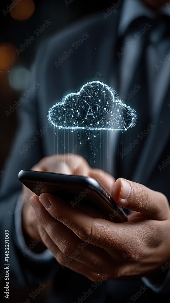Poster modern businessman using smartphone ai cloud computing web data image future
