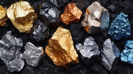 Diverse raw metallic ores on dark background