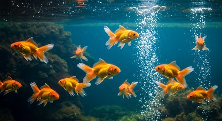 Dynamic School of Golden Goldfish Swimming Gracefully Amidst Bubbles in Crystal Clear Water with Shallow Depth Of Field and Lush Aquatic Plants Symbolizing Tranquility