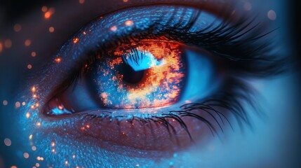Close-up of an eye with an abstract colorful galaxy or nebula inside.