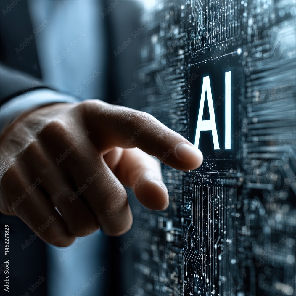 Fototapete hand pointing at ai technology digital interface screen web data cyber finger