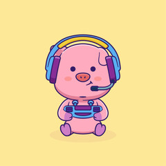 Vector illustration of cute cartoon pig holding joystick and wearing headphone. Animal and technology icon concept Isolated. Piglets in flat cartoon style. © Saklarboy