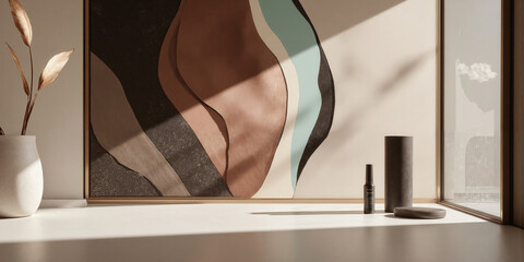 A serene abstract design in mocha, musse, with accents of pale aqua and soft charcoal creates a sophisticated, tranquil vibe.